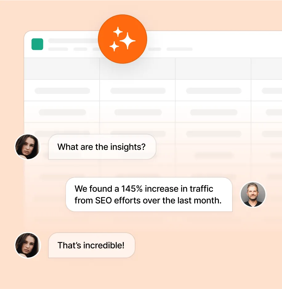 Chat interface showing 145% traffic increase from SEO efforts
