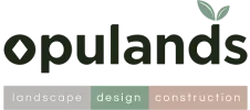 Opulands logo with green leaf, featuring landscape design and construction text