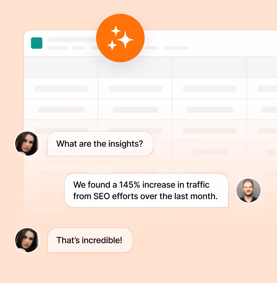 Chat conversation showing 145% traffic increase from SEO efforts